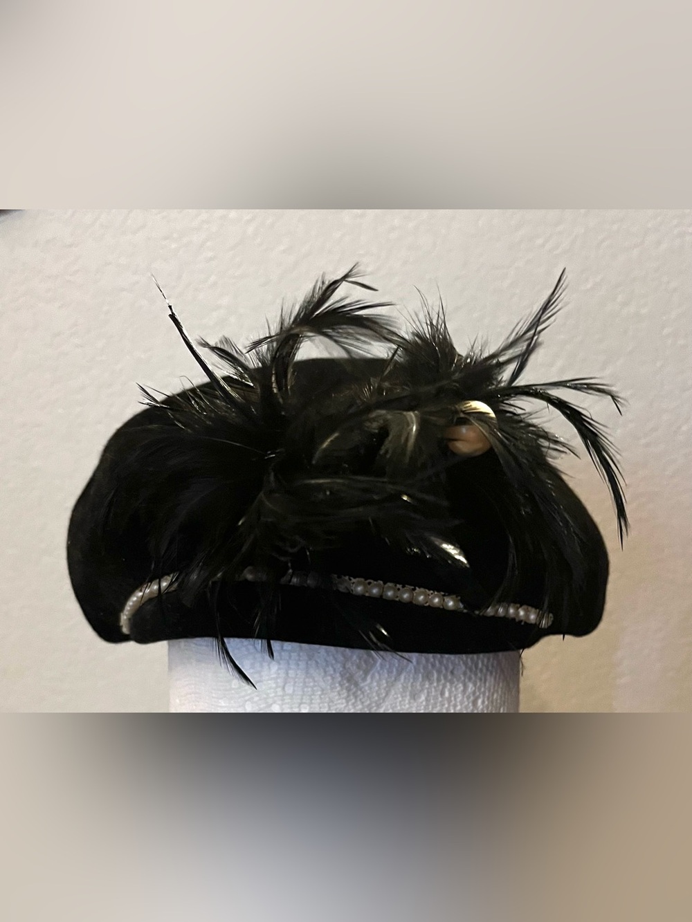 Vintage (circa 1940s-1950s) Feather & Pearl Black Velvet Hat